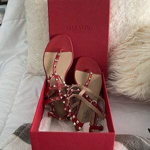 Valentino Garavani Red and Beige Studded Sandals